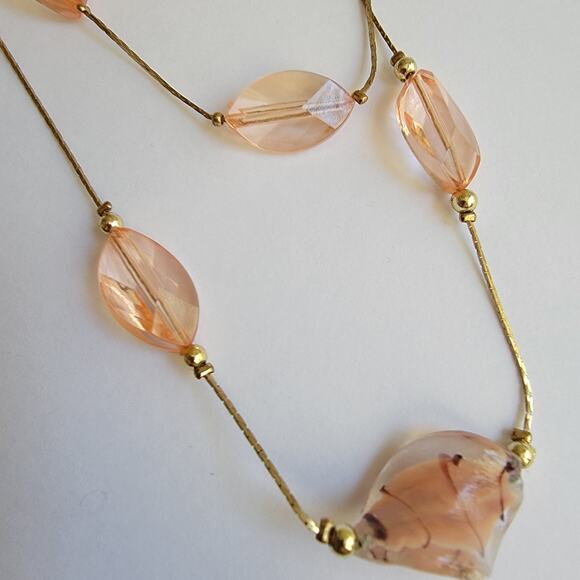 Elegant Vintage Champagne Lampwork Bead Necklace with 24 inch Gold Tone Chains - Picture 2 of 10
